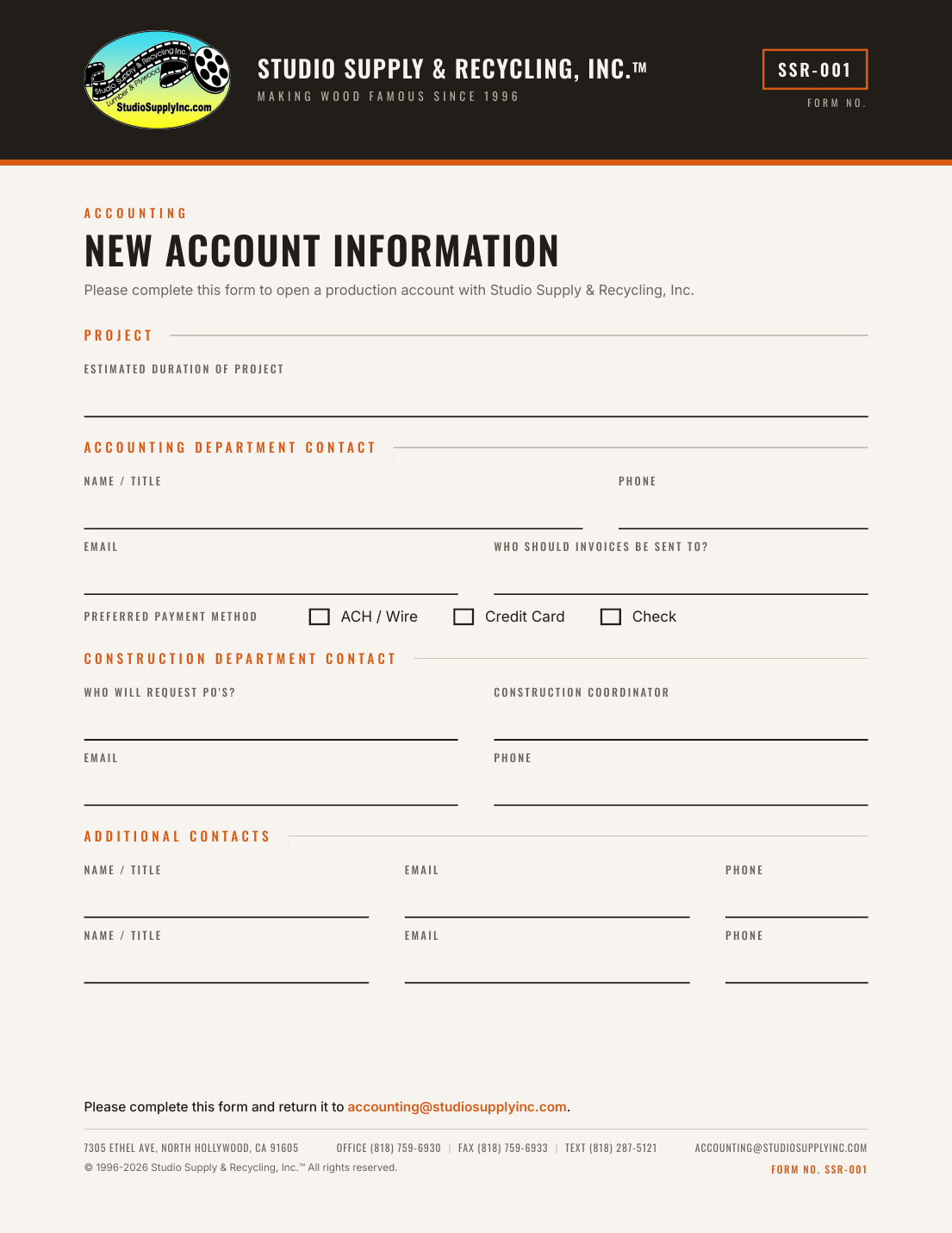 Preview of the SSR-001 New Account Information form